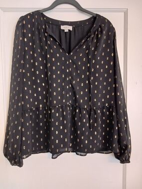 LOFT Black Peplum Blouse with Gold Foil Dot